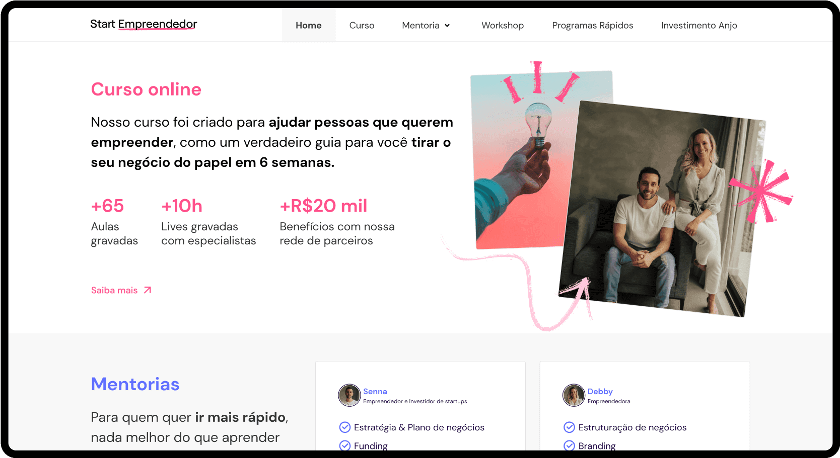 Página de curso online e mentorias